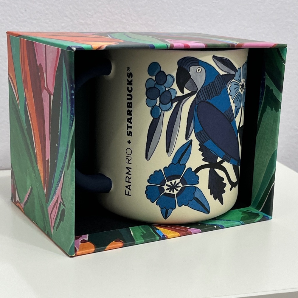 Starbucks Farm Rio Mug with Blue and Cream Parrot Design